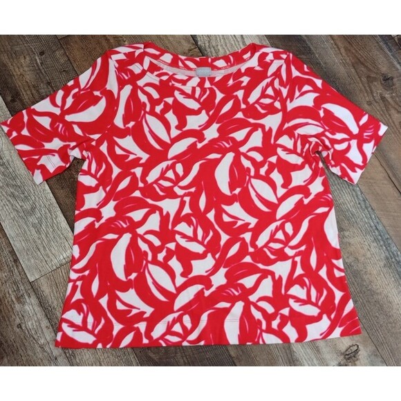 Women's Chico's Pima Leaf Print Everyday Tee Red White, Size XL - Picture 1 of 12